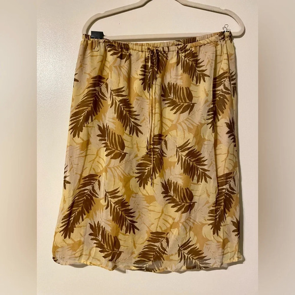 Allison Taylor 100% Silk Tropical Leaf Gold Beige Brown Print Skirt Size XL - Picture 1 of 7